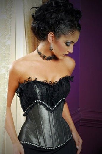 Elegante corset sexy plateado con encaje superpuesto en el pecho y detalles de entredos blanco