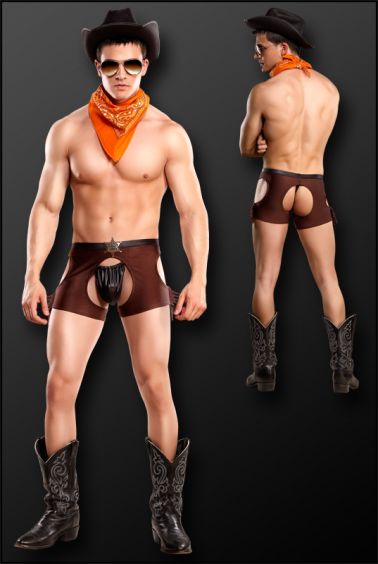 Disfraz de Vaquero sexy compuesto de tanga negro con short con agujeros y estrella y pañuelo naranja