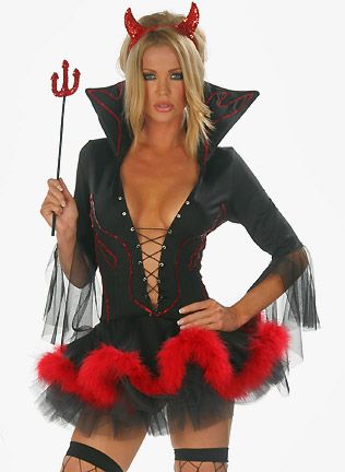 Vestido disfraz sexy de Diablesa sexy con escote con lazada cuello alto y plumas rojas en la falda