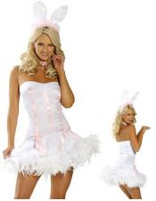 Disfraz sexy de Conejita Sexy con plumas en la falda y diadema con orejas DIS00070