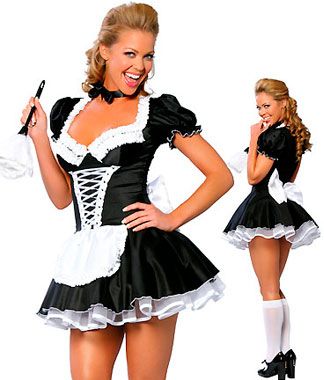 Disfraz sexy de asistenta sexy tipo vestido con delantal y lazo en la parte trasera