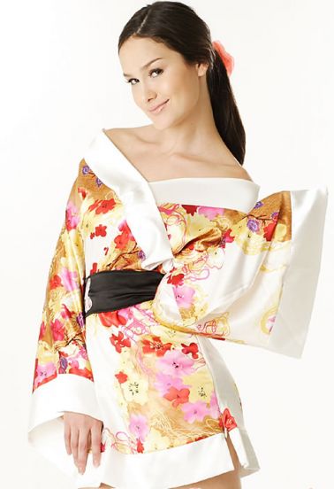Bata sexy tipo Kimono satinada estilo Geisha con estampados multicolores